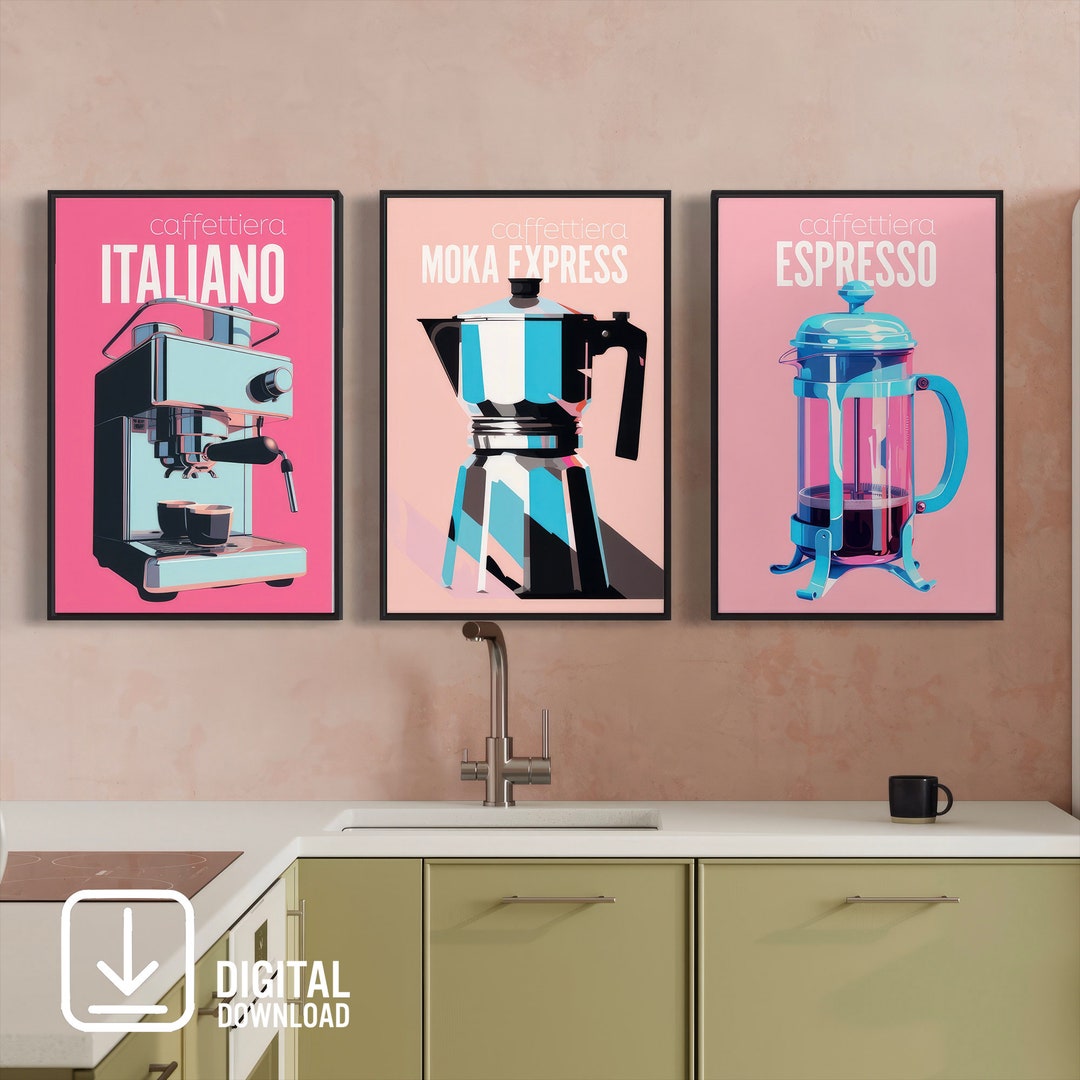 Coffee Wall Art, Moka Espresso Pot Coffee Bar Cart, Retro Preppy Pink Poster Trendy Printable