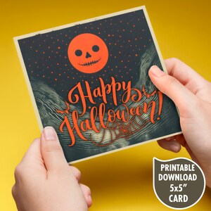 Tarjeta de Halloween con diseño moderno, creativa, imprimible, descarga digital instantánea, cuadrada de 5x5, para una temporada espeluznante, para pedir dulces o trucos.