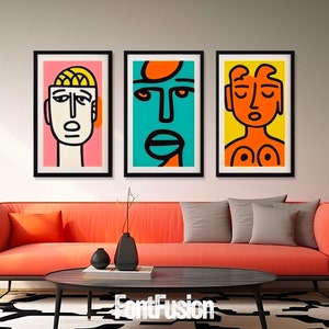 3er Set Art Funky Gesichter in kräftiger Farbe abstrakter minimalistischer moderner Stil | Großes Wandbild | Kunst Poster | Abstrakt | Leinwand Kunst | Moderne Kunst