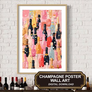 Champagnefles muurkunstposter voor wijnliefhebber retro cadeau kunst, barwagen pub woonkamer decor, moderne trendy digitale print direct downloaden