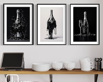 Champagne Bottle Art Print Set: Modern Bar Decor (Digital Download)