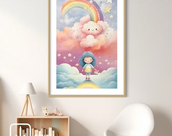 Pastel Rainbow Cloud Girl Art Print: Boho Nursery Decor (Digital Download)