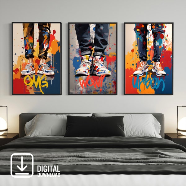 Digital Graffiti Set of 3 Prints, Printable Wall Art Graffiti Poster, Living Room Decor, Modern Retro Trendy Digital Print Instant Download
