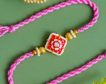 Handmade Meenakari Rakhi with Pink Braided Thread, Square Kundan Floral Centerpiece for Brother, Traditional Indian Rakshabandhan