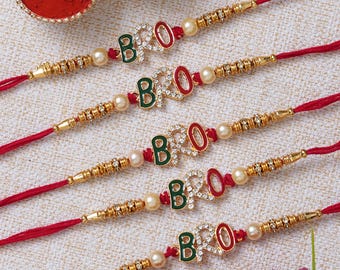 Set of 5 Designer BRO Rakhi for Brother, Traditional Meenakari Raksha Bandhan Thread with American Diamonds, Handmade Bhai Rakhi Set