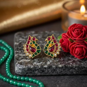 Handmade Kundan Peacock Earrings – Ruby Emerald Gold-Plated Meenakari Jhumkas