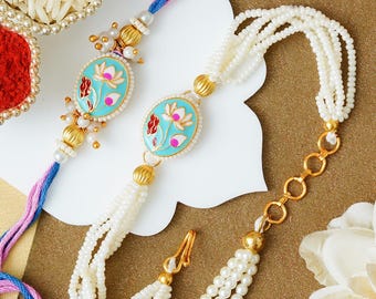 Handmade Meenakari Lotus Bhaiya Bhabhi Rakhi Set | Traditional Pearl Lumba and Rakhi for Brother and Sister-in-Law | Indian Festival 2026