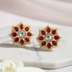 Jadau Kundan Stud Earrings | Ruby Green Floral Bridal Earrings | Traditional Indian Wedding Jewelry