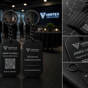 Custom QR Code Dog Tag Keychain: Engraved Logo, Corporate Branding, Promotional Item