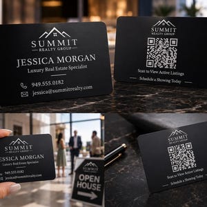 May include: Two black metal business cards featuring the Summit Realty Group logo, the name Jessica Morgan, contact details, and a QR code with the text Scan to View Active Listings and Schedule a Showing Today printed in white.