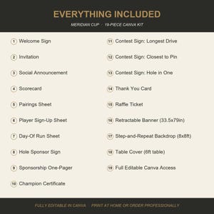 May include: A corporate golf template kit featuring 19 editable Canva designs. The cream-colored documents display text for the Meridian Cup, including event details, sponsorship opportunities, and champion certificates with black typography.