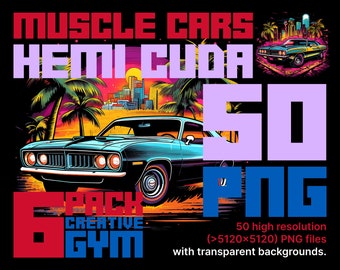 50 Muscle Cars exóticos Hemi Cuda 1971 PNG Clip Art Activos digitales Color Semitono