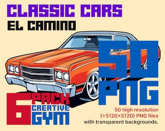 50 Coches clásicos PNG Chevrolet El Camino SS 1970 Diseño de camiseta DTG Clip Art Digital Assets Pack 1