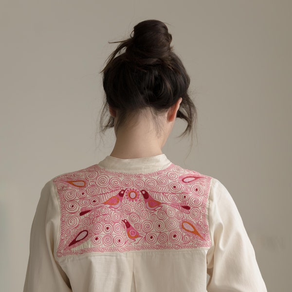 White blouse organic cotton - pink embroidery | Peruvian Boho Chic, Bohemian, Traditional embroidery Peru