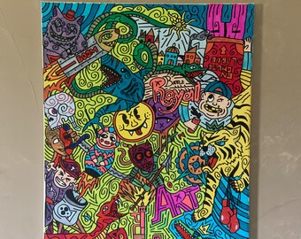 May include: A colorful and whimsical doodle art piece featuring a variety of characters and objects, including a shark, a tiger, a crocodile, a cat, a sun, and a cityscape. The word "Royal" is written in large, bold letters in the center of the piece. The piece is painted in a variety of bright colors, including red, yellow, blue, green, and purple.