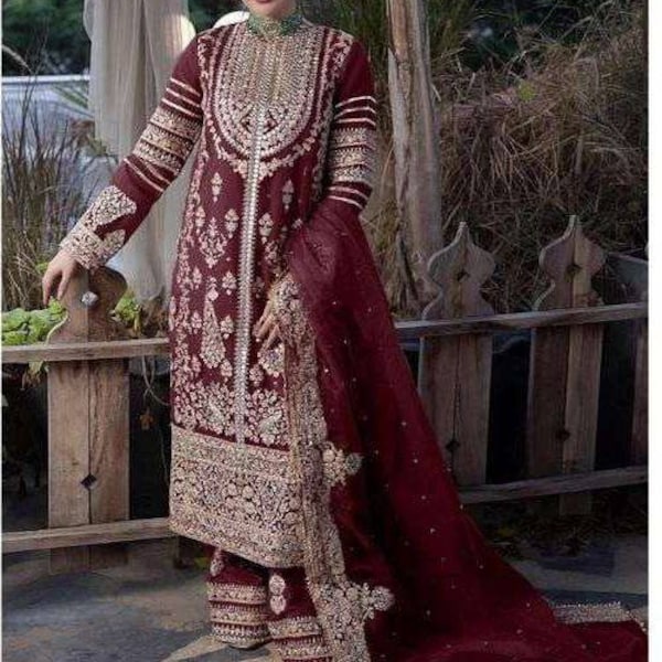 Designer Maroon Georgette Top Pants Suit For Women, Indian Wedding Reception Party Wear Suits, Pakistani Dress, Stitched Dress For Women