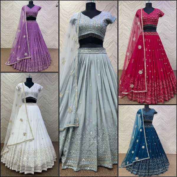 Ontwerper grijze Lehenga Choli en Georgette blouse met vlindernet Dupatta voor vrouwen, bruidsmeisje bruiloft Lehenga, bruiloft Lehenga Choli