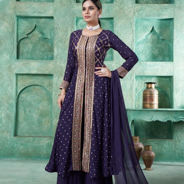 Purple Georgette Gown With Palazzo And Dupatta For Women, Embroidered Gown Dress, Wedding Wear Dress, 3 Pc Ready To Wear Dress