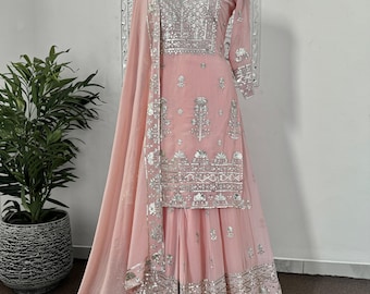 Designer Peach Sharara Suit For Women And Girls With Sequence Embroidery Work, Party Wear Suit, Party Wear Suit, Gharara Suit