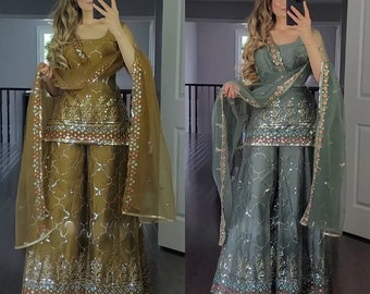 Pakistani Designer Partywear Heavy Work Straight Kurta Sharara & Dupatta set, 3 pc Embroidered Salwar Kameez Readymade Dresses, Wedding Wear