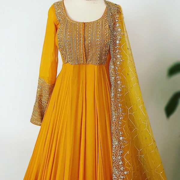 yellow Party Wear Look Gown And Dupatta For Women, Embroidery Sequence Work Gown, Wedding Gown Dress, 2 Pc Ready To Wear Kurta Set