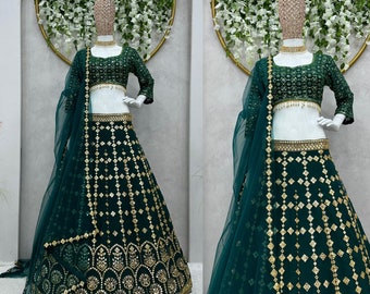 Green Georgette lehenga choli con sequenza di ricamo e dupatta Soft Net per le donne, abito da damigella d'onore Mehndi lehenga choli