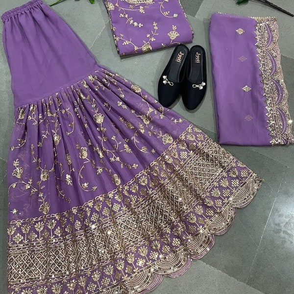 Indian Designer Salwar Kameez  White Heavy Georgette Partywear Kurta Sharara set with sequence , thread & zari work, 3 piece Readymade suit
