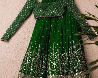 Designer Green Georgette Lehenga Choli e Dupatta con ricamo in sequenza da 5 mm per donne, abito da damigella d'onore, matrimonio Mehndi Lehenga