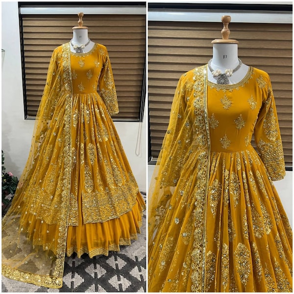 Yellow Color Faux Georgette Top Lehenga And Dupatta With Embroidery And 5mm Sequence Work For Women, Pakistani Dress, Ethnic Wear Lehenga