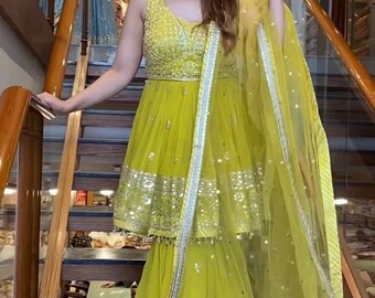 Beautiful Partywear Kurta Sharara Set With Dupatta, Pakistani Designer Georgette 3 Piece Salwar Kameez For Wedding Readymade Dresses