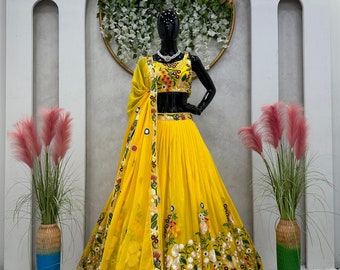 Yellow Silk Lehenga Choli With Embroidery Work And Dupatta For Women, Haldi Outfit, Wedding Guest Lehenga, Designer Lehenga Choli