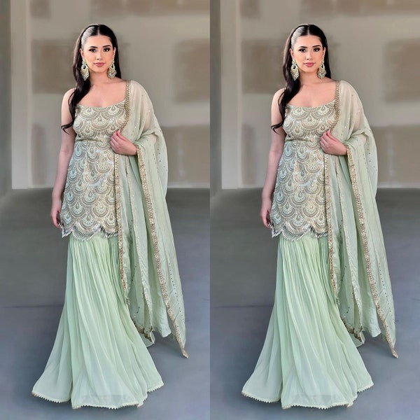 Mint Green Party Wear Georgette Sharara Suit With Embroidery And Sequence Work With Georgette Dupatta , Indian Wear , Sharara Suit For Women