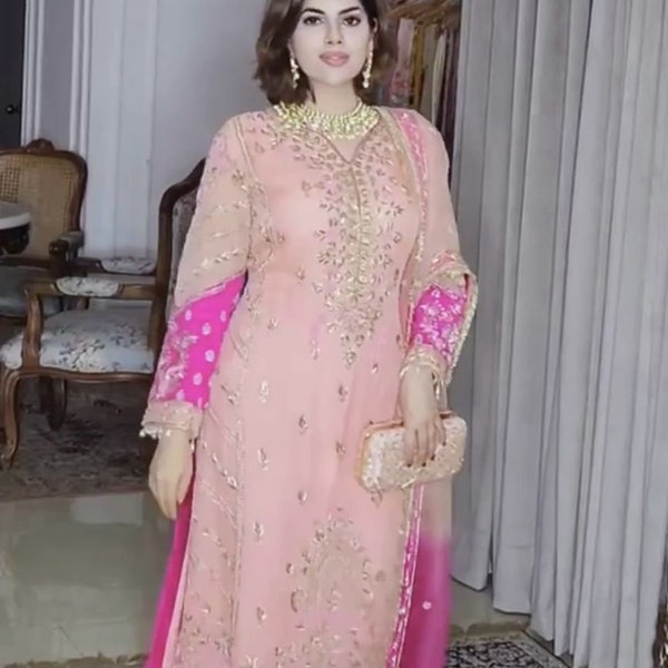 Pink Wedding Wear Georgette Palazzo Suit With Fancy Heavy Embroidery And Sequins Work With Soft Organza Silk Dupatta For Women , Pink Suit