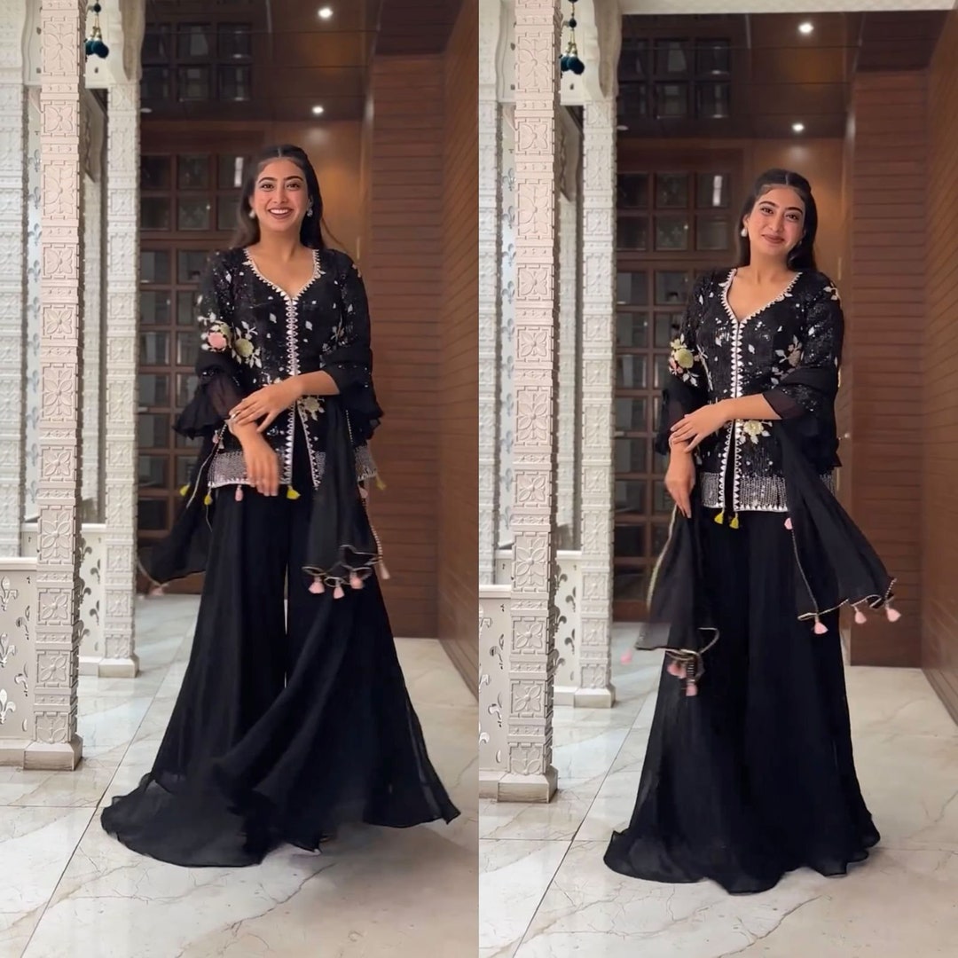 Black Illusion Neck Thread Work Palazzo Set With Dupatta main image 0