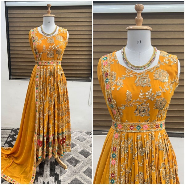 Yellow Georgette Gown with Dupatta, Partywear Long Flared Anarkali Kurta 3 piece Set Readymade, Dresses for EID , Indian Wedding Gown Dress