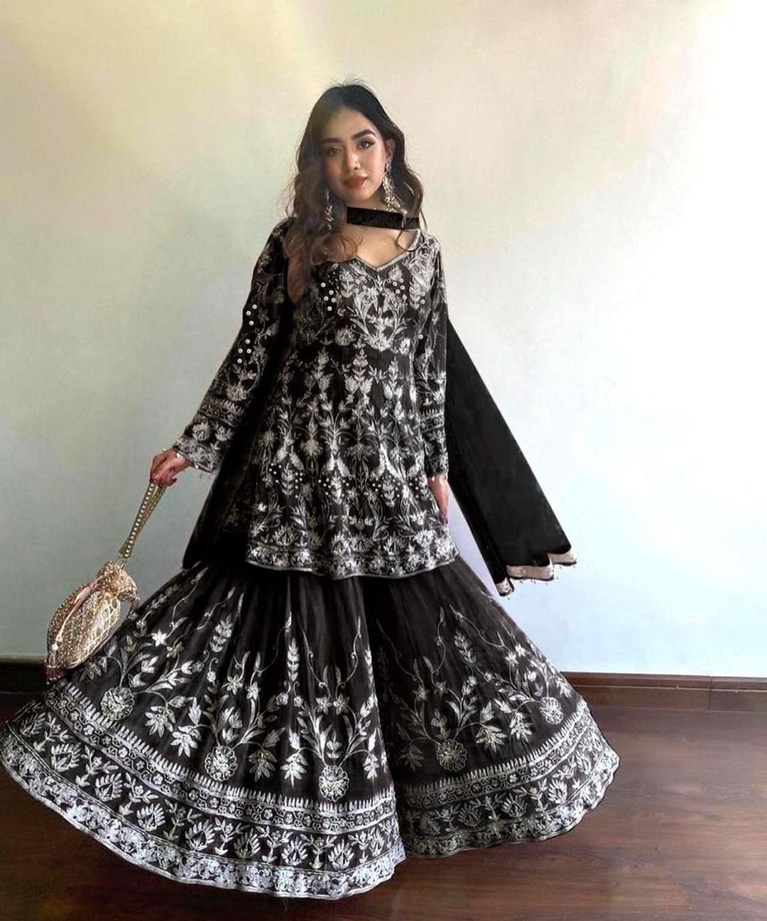 Simple Lehenga Dusty Black Sharara Suit with Printed Work LSTV115077