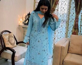 Salwar Kameez Indian Designer Blue Heavy Georgette Partywear Kurta Sharara set with sequence , thread zari work, 3 piece Readymade suit