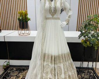 Pakistani Embroidered Faux Georgette White Gown Set With Dupatta For Women, Wedding Wear Gown Dress, Anarkali Gown Dress, Dresses For Eid
