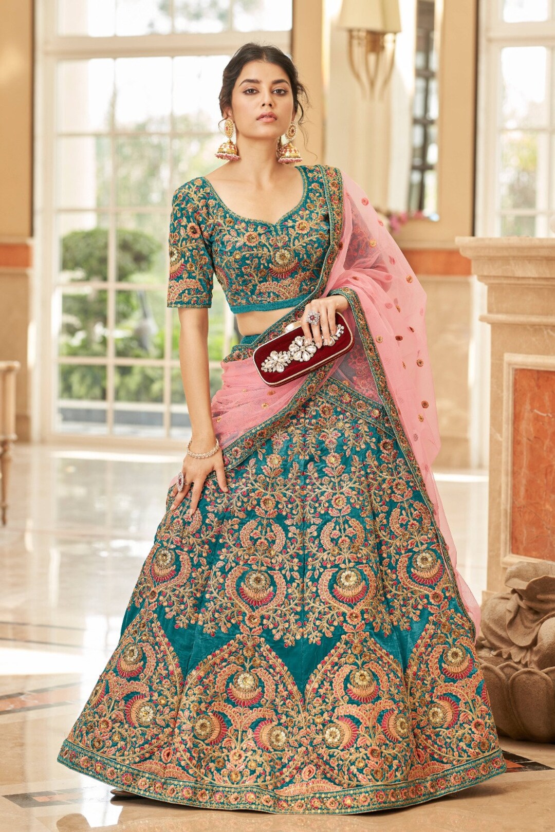 Navy Blue Velvet Lehenga With Blouse  & Dupatta For Indian & Pakistani Wedding Festival - Thread, Zari Embroidery with Diamond Work