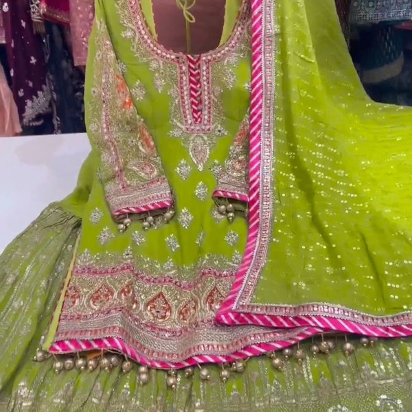 Designer Green Sharara Suit For Women and Girls with Sequence Embroidery Work, Party Wear Suit, Sangeet Party Wear Suit top sharara suit