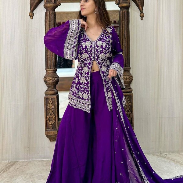 Designer Blue Sharara Suit For Women And Girls With Sequence Embroidery Work, Party Wear Suit, Party Wear Suit, Palazzo Suit , Punjabi Suit