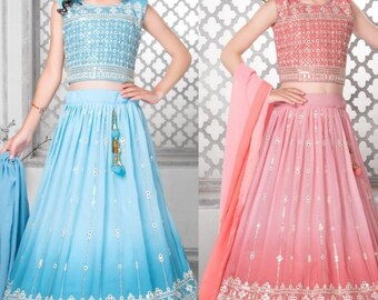 Girls Indian Wedding Ethnic Bollywood Stitched Faux Georgette Lehenga Blouse and Dupatta, Party Style Lengha For Kids, baby girl lengha