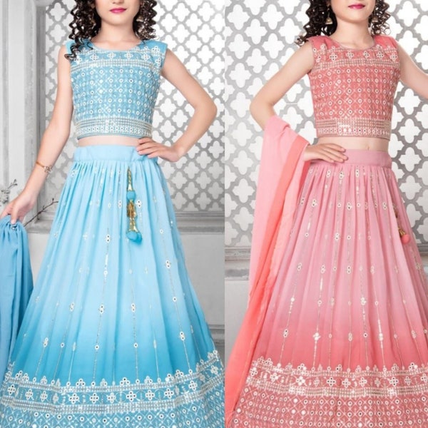 Girls Indian Wedding Ethnic Bollywood Stitched Faux Georgette Lehenga Blouse and Dupatta, Party Style Lengha For Kids, baby girl lengha