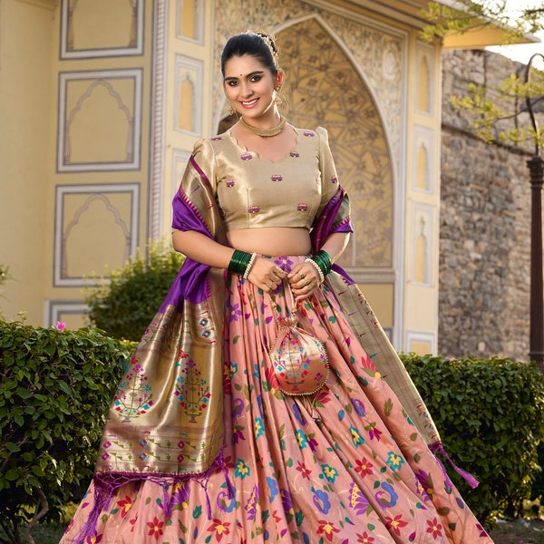 Designer Peach Jacquard Silk Lehenga Choli With Weaving Zari Work And Dupatta For Women, Party Wear Lehenga Choli, Bridesmaid Choli