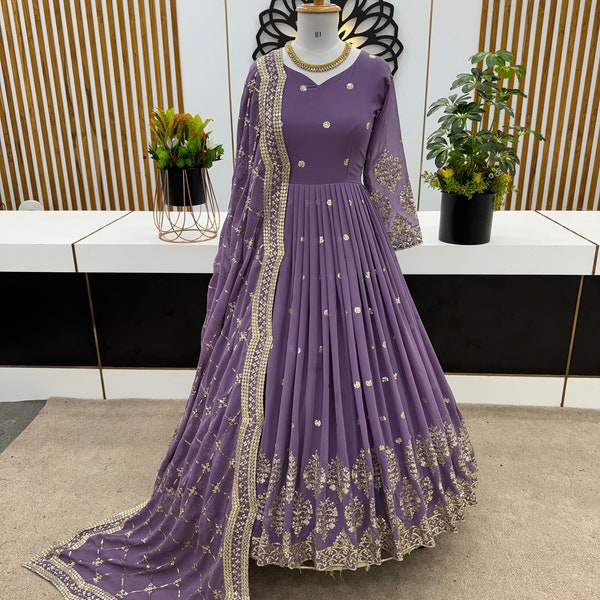 Lilac Georgette Gown With Embroidery Sequence Work And Dupatta For Women, Anarkali Kurti, Party Wear Dress, Designer Dress , Indian Dresses