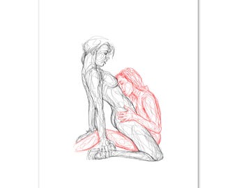 May include: A line drawing of two people in a romantic embrace. The woman on top is drawn in red lines, while the woman on the bottom is drawn in black lines.