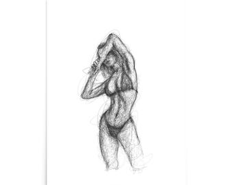 May include: A black and white line drawing of a person in a swimsuit, with their arm raised above their head.