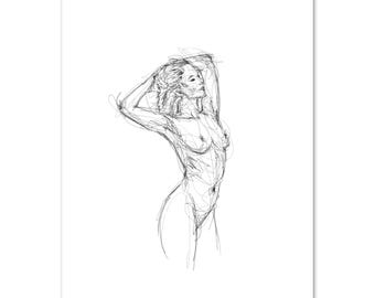 May include: A black and white line drawing of a nude figure with their arms raised above their head.