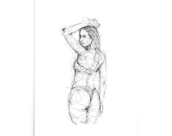 May include: A black and white sketch of a person in a standing pose, with their back to the viewer. The artwork is created with continuous lines, giving it a minimalist and artistic feel. The person's arm is raised, and the overall style is reminiscent of a figure drawing.