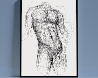 Abstract Male Body Doodle Art | Black & White Pen Sketch | Masculine Minimalist Wall Print